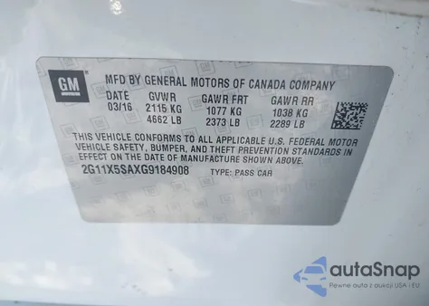 2016 Chevrolet Impala 1Fl z USA, uszkodzony, nr VIN 2G11X5SAXG9184908